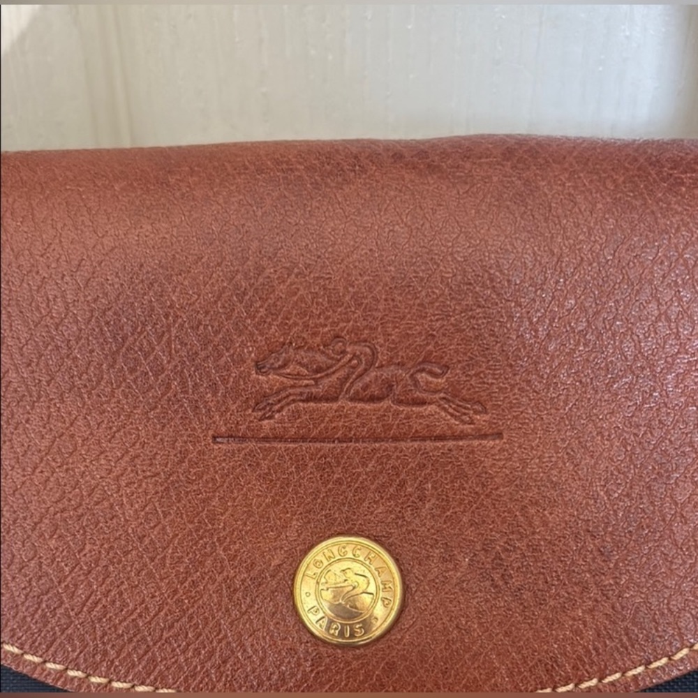 LONGCHAMP Large Navy Blue Nylon Brown Leather Monogram Handbag